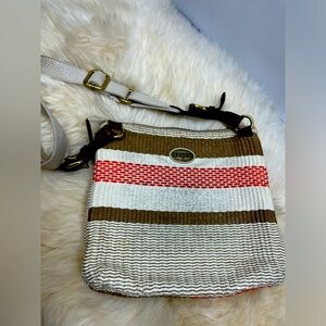 Fossil Explorer Leather Straw Woven Crossbody Bag Tan Cream White